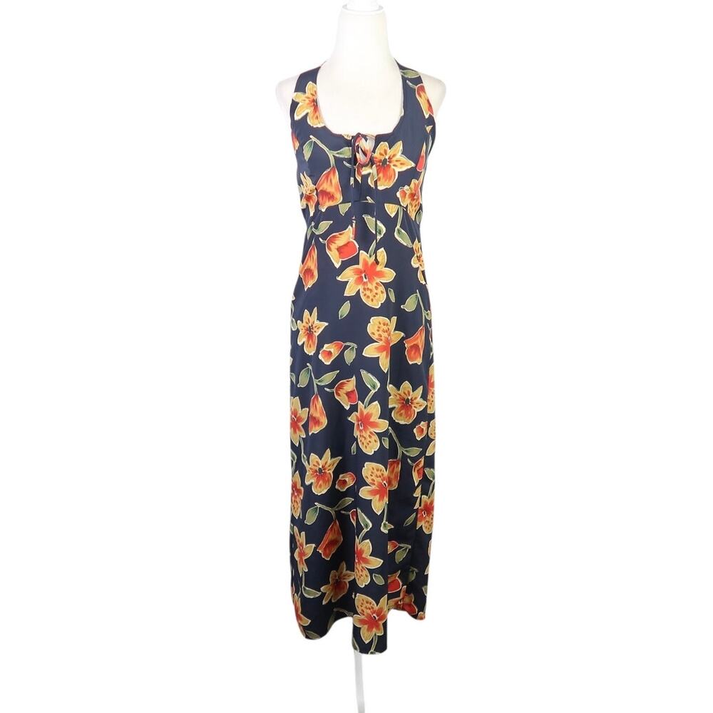 Vintage 90s Possessed Navy Blue and Orange Floral Halter Midi Dress S